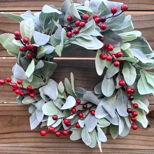 Winter Lamb’s Ear Wreath‎ With Red Berries Home Holiday Decor Farmhouse